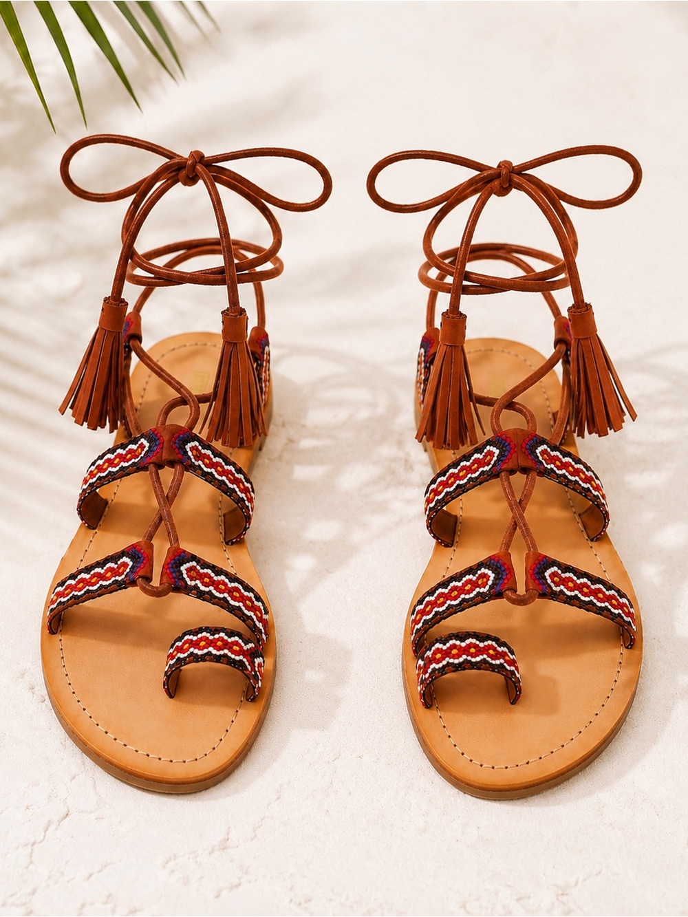 MADDEN GIRL Tan Gladiator Tribal Sandals Lace Up Tassels Hippie Embroidered 8.5